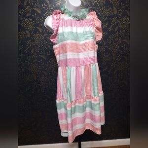 Mazik Pink and Green Pleated Sundress with Flutter Cap Sleeves